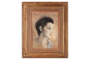 20th-Century School, bust-length portrait of a lady with black hair, wearing a blue blouse,