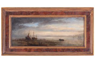 Adolphus Knell (1805 - 1875) Boats and figures at low tide, signed, oil on panel, 12 x 29.5 cm,