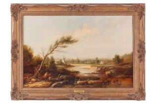 John Berney Ladbrooke (1803-1879), travellers beside a river, unsigned, oil on canvas, 44 cm x 67