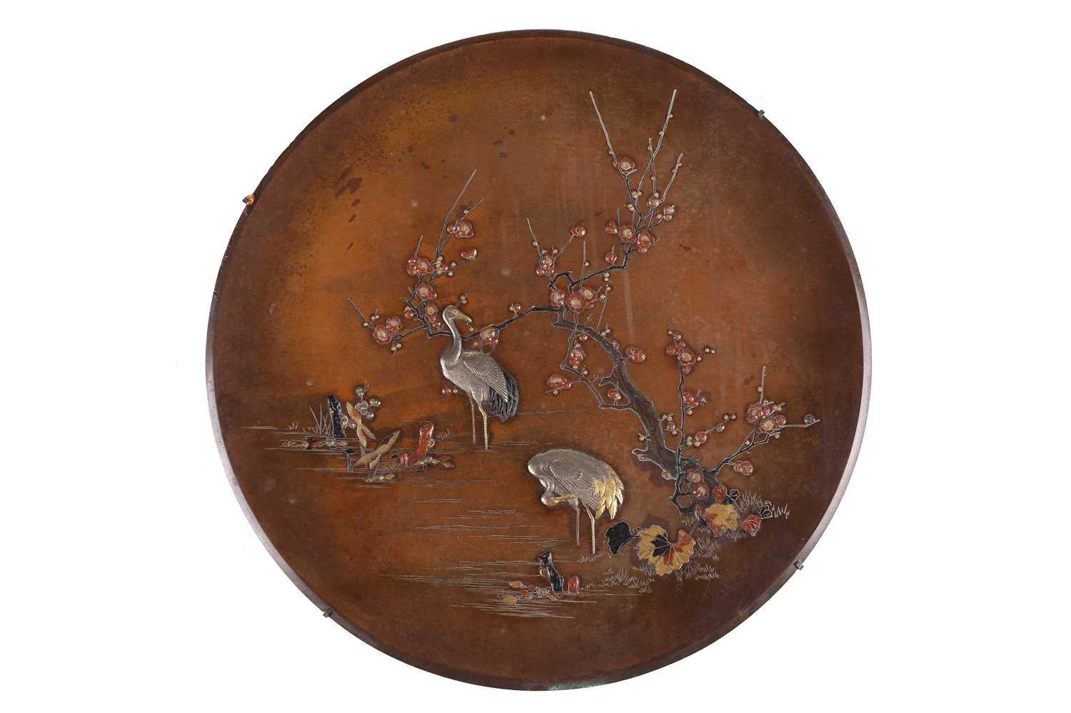 A matched pair of Japanese bronze circular chargers, Meiji Period, late 19th century, decorated with - Image 3 of 19