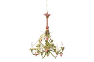 A "Hollywood Regency" tole hanging six-sconce floral electrolier with decorative suspension bar 65