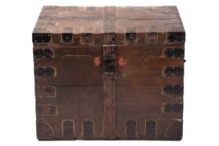 A 19th-century 'Country House' oak silver / plate chest, with black iron banding, the interior