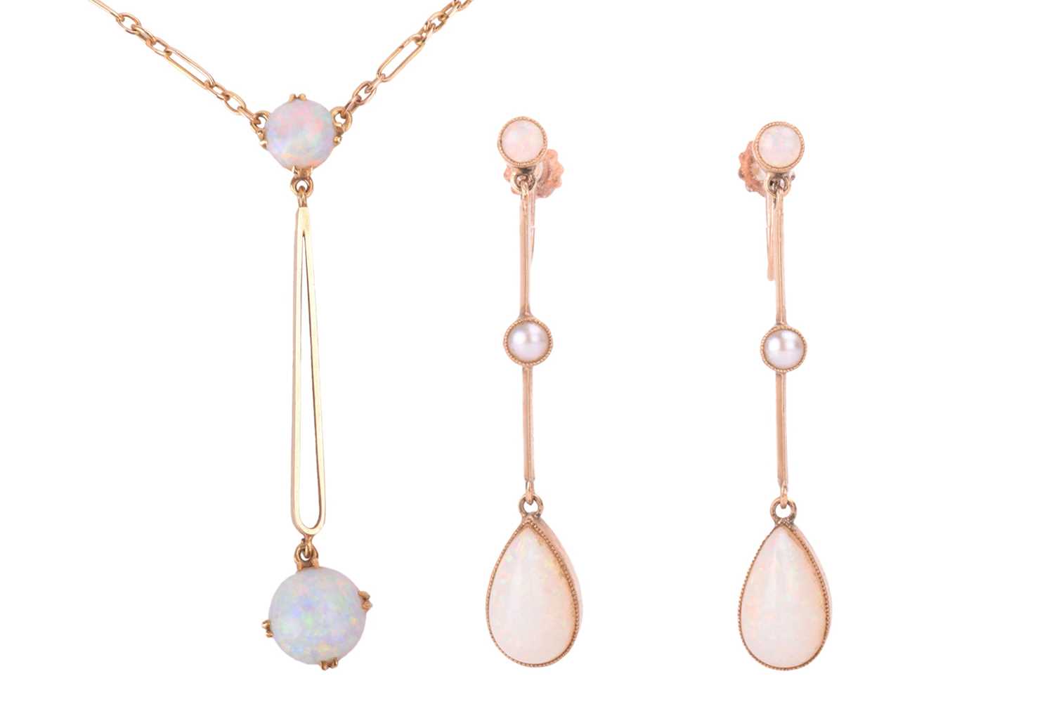 An Edwardian opal lavaliere necklace and opal and seed pearl earrings, the pendant featuring a