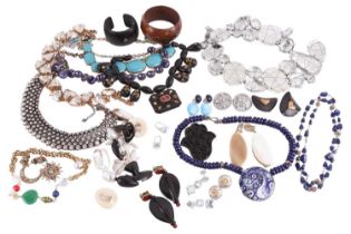 A collection of silver and branded costume jewellery including a lapis lazuli and pearl necklace