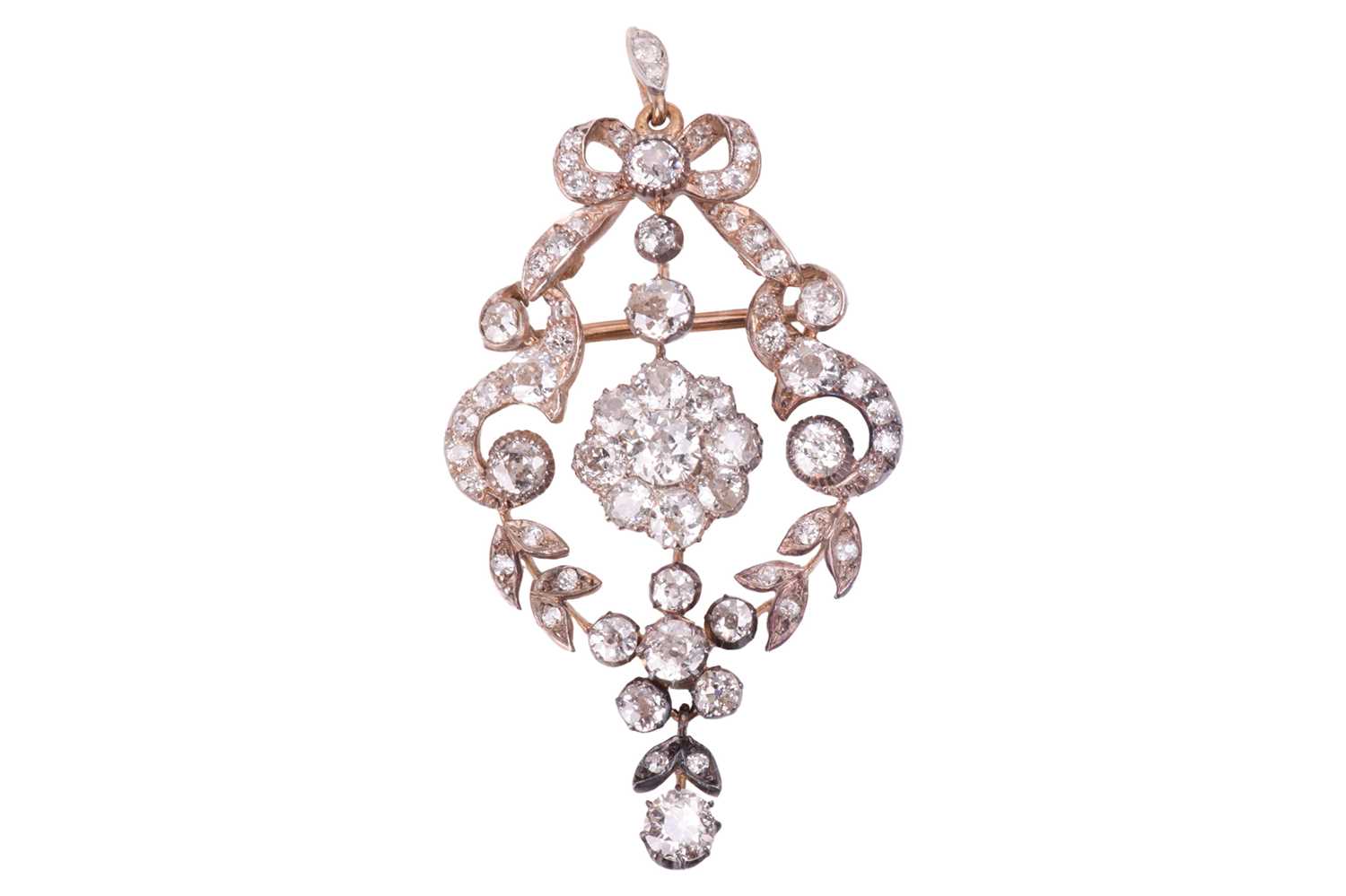 A late 19th / early 20th-century diamond brooch / pendant in a floral and foliate design with a