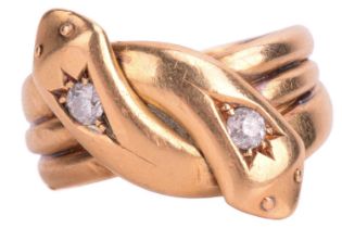 A diamond set double serpent ring in 18ct yellow gold, featuring two single cut diamonds with an
