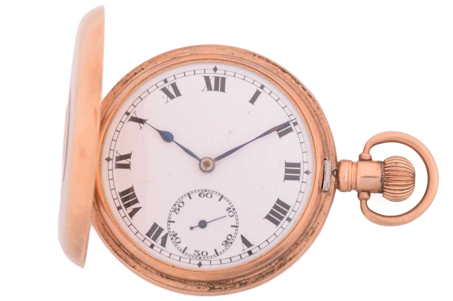 A 9k Half Hunter Pocket Watch Having white enamel dial with Arabic numerals and second subdial, with - Image 2 of 4