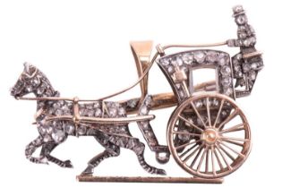 A Victorian diamond carriage brooch, designed as a horse-drawn Hansom cab with revolving wheel,