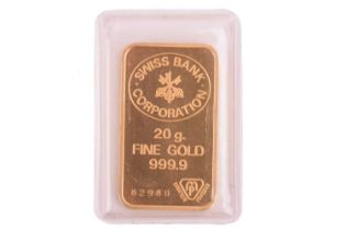 A Swiss Bank Corporation 20g Fine Gold Ingot, with plastic sleeve. Weight: 20g Pureness: 999.9
