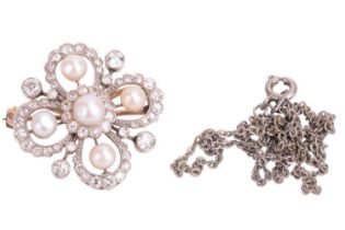 A diamond and pearl quatrefoil brooch. The centre pearl measures approximatley 5.5mm in diameter,