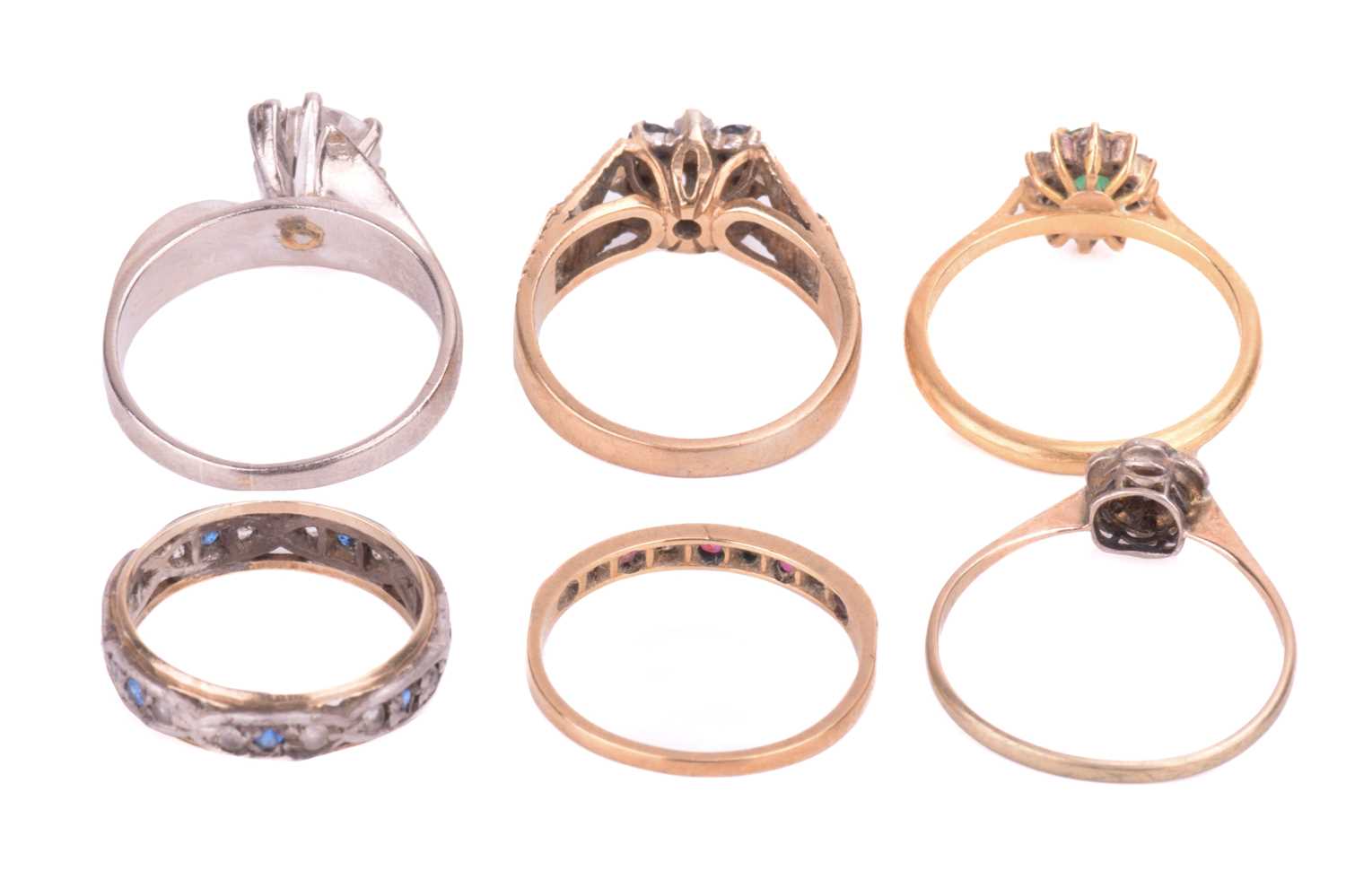 A collection of six stone set rings including a 9ct yellow gold sapphire and diamond floral - Image 2 of 2