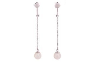 A pair of cultured pearl drop earrings, each set with a cultured pearl with white body colour and