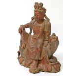 Ming-Skulptur Guanyin auf einem Löwen.