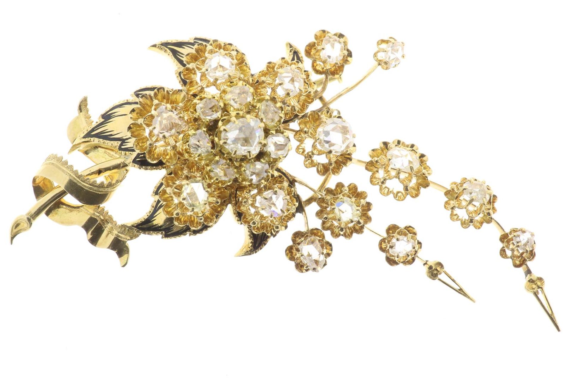 Gold branch brooch set with approx. 18 rose diamonds in open mirror chatons, approx. 1.3 ct., partly