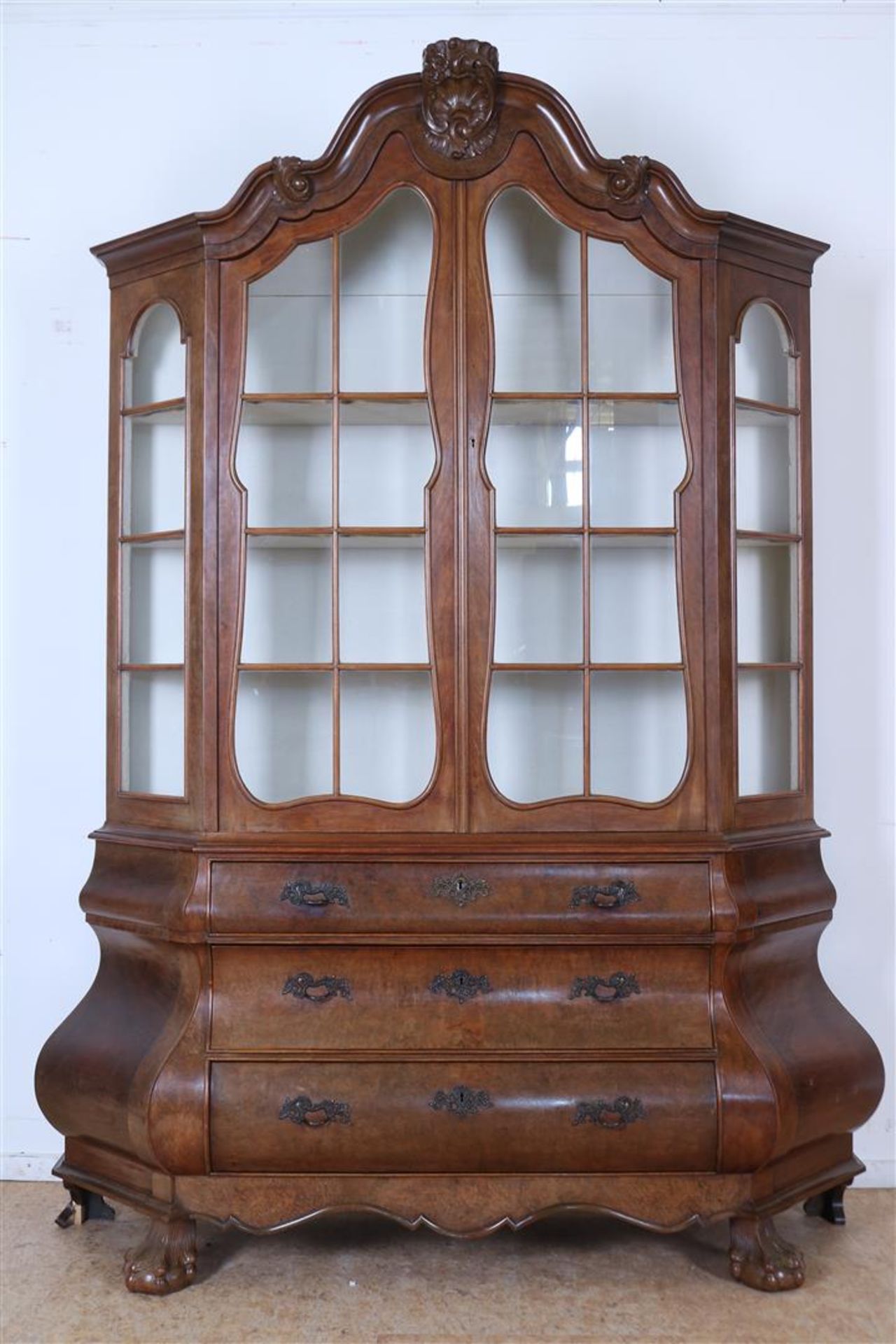 Burl walnut veneered Louis XV style china cabinet 