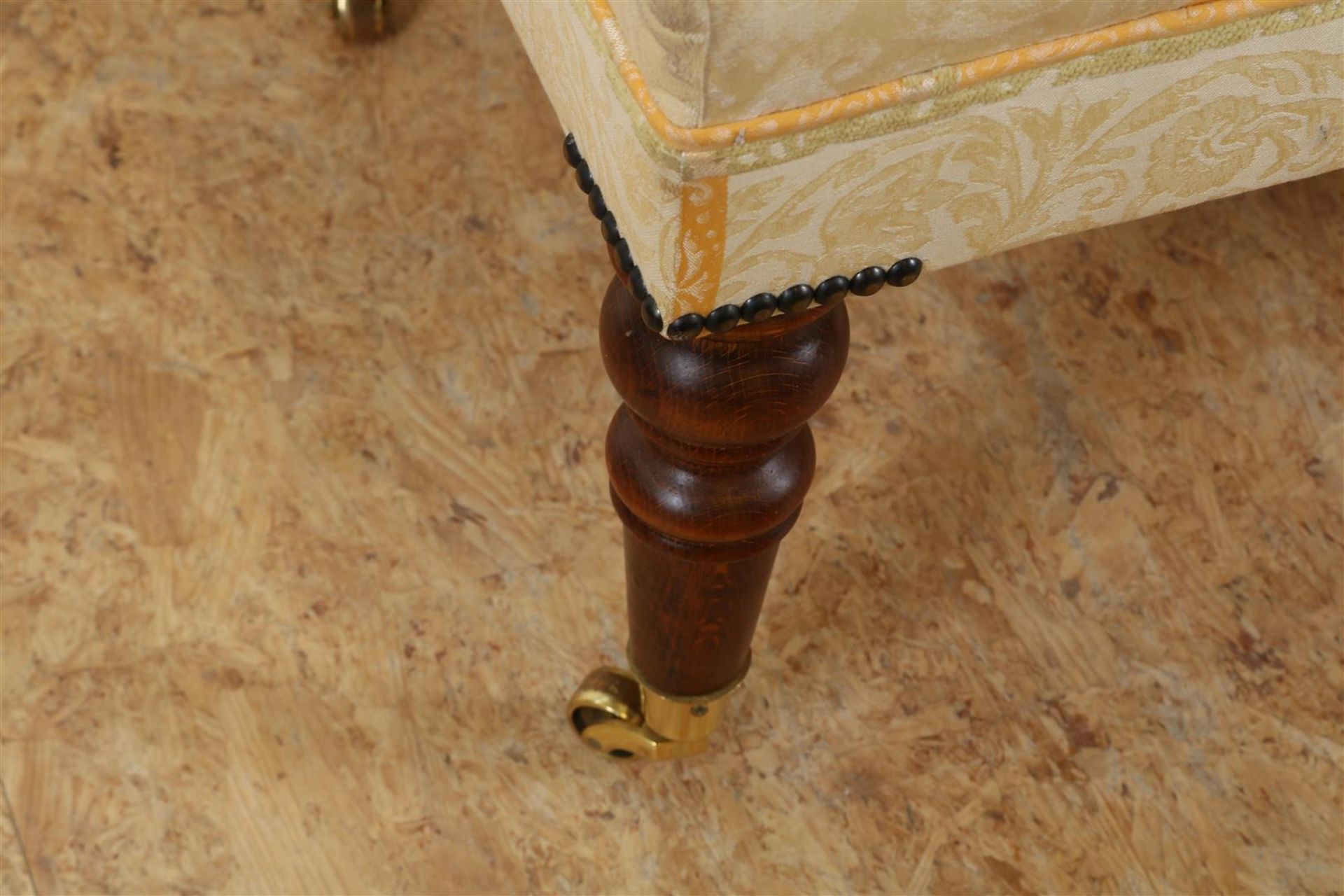 Armchair with yellow damask upholstery on ball claw feet with a matching footstool. - Image 5 of 5