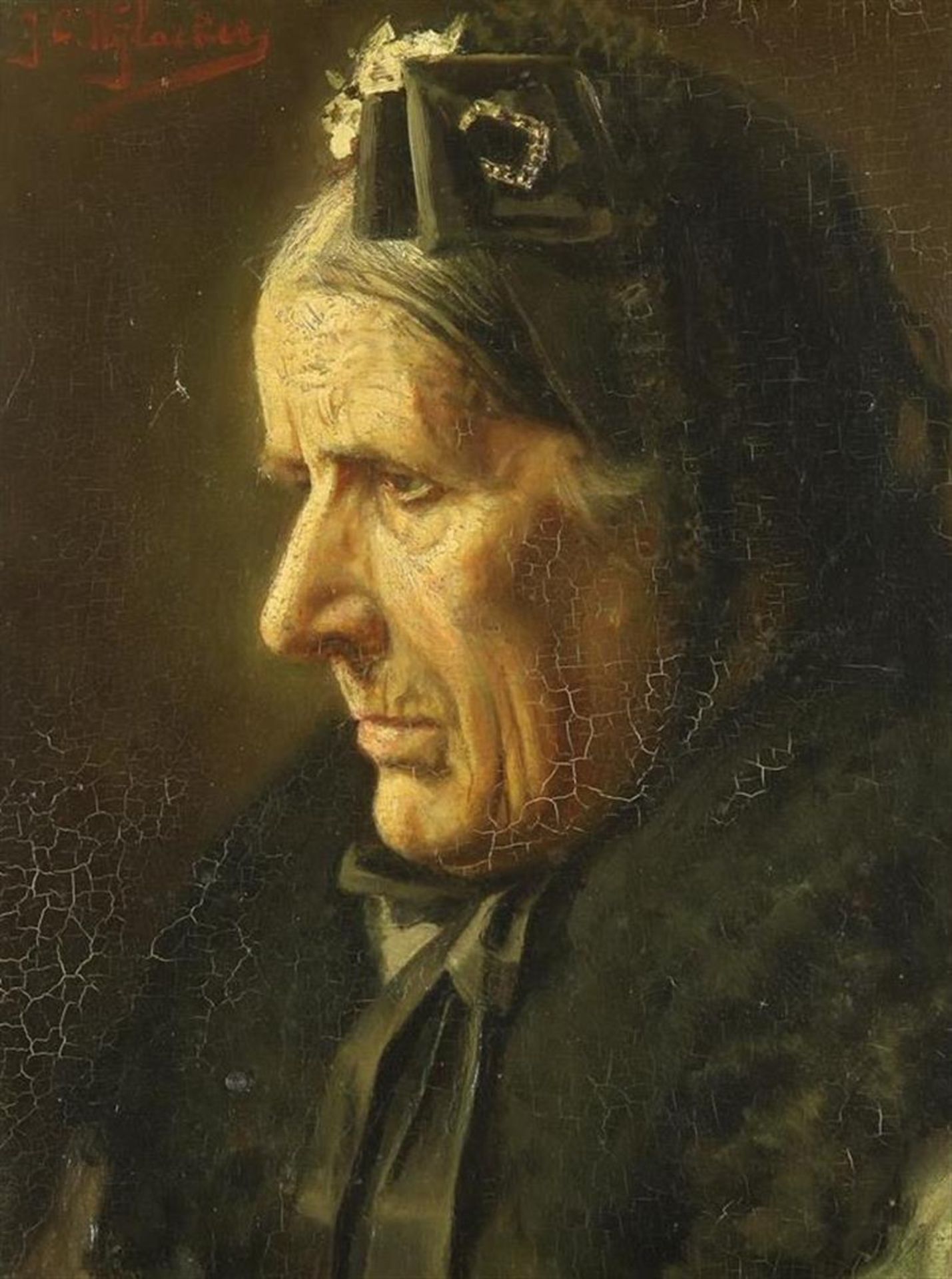 Jan Cornelis Wijlacker (1869-1895) Portrait of an old lady, signed l.l., panel 35 x 27 cm.