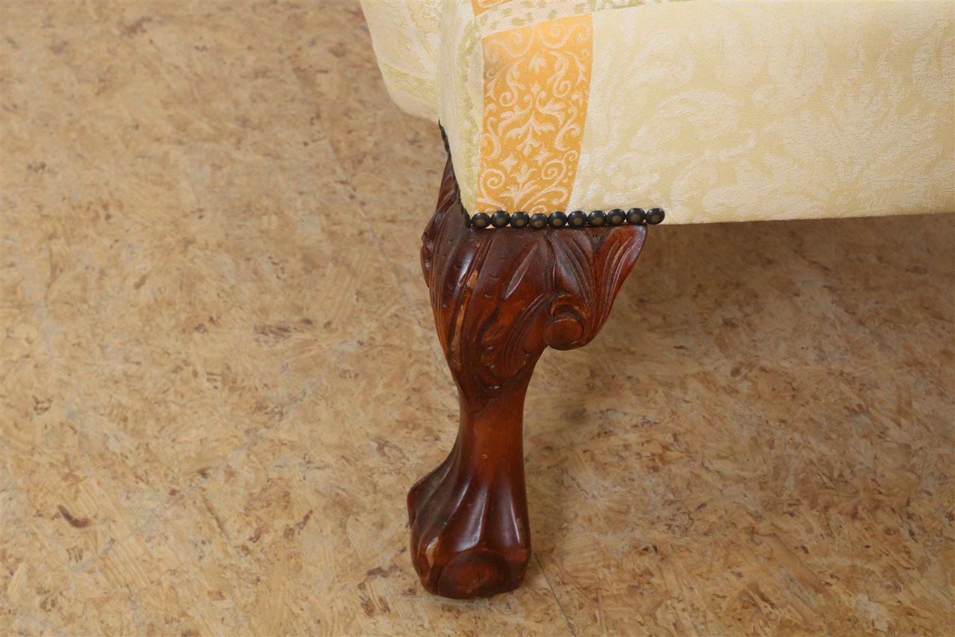 Armchair with yellow damask upholstery on ball claw feet with a matching footstool. - Image 4 of 5