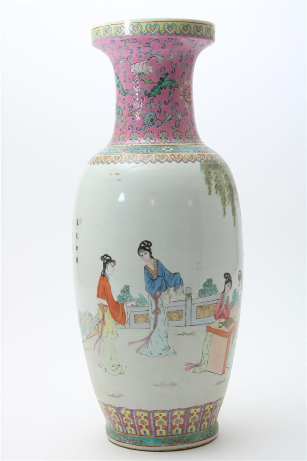 Porcelain baluster-shaped vase decorated with figures in a landscape, back poem, marked in red on - Image 4 of 7