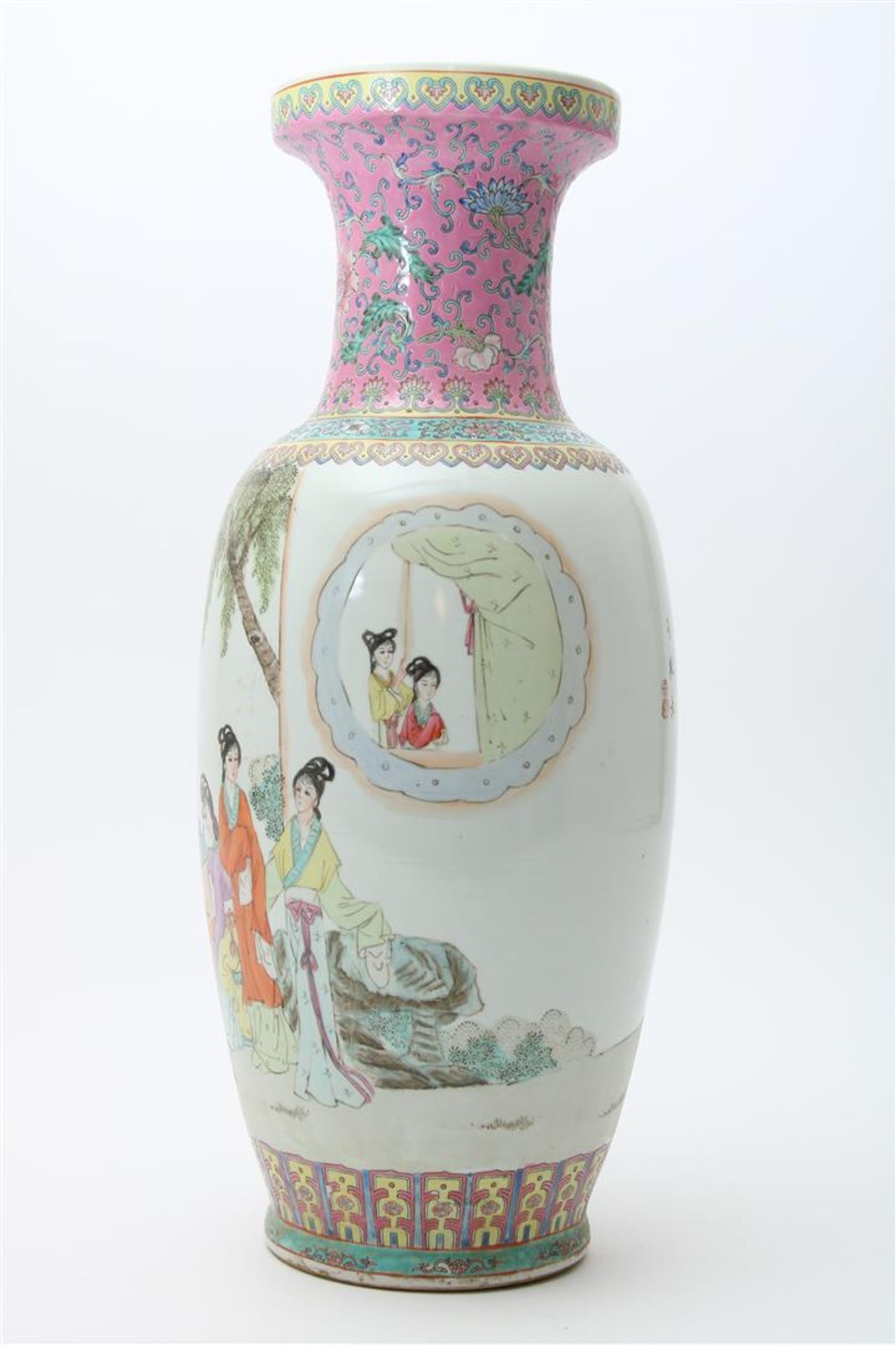Porcelain baluster-shaped vase decorated with figures in a landscape, back poem, marked in red on - Image 2 of 7