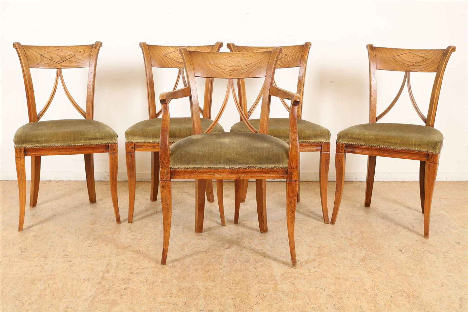 Series of 5 elm wood Louis XVI chairs with green velvet seat and openwork backrest, including 1