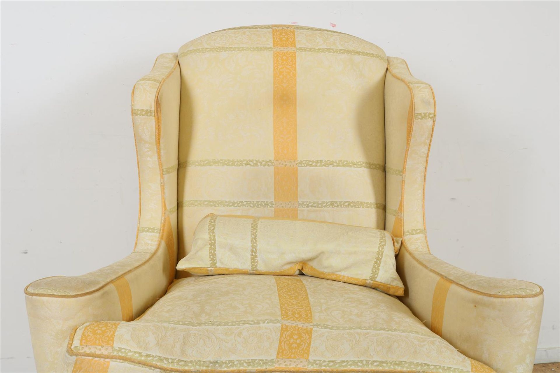 Armchair with yellow damask upholstery on ball claw feet with a matching footstool. - Image 2 of 5