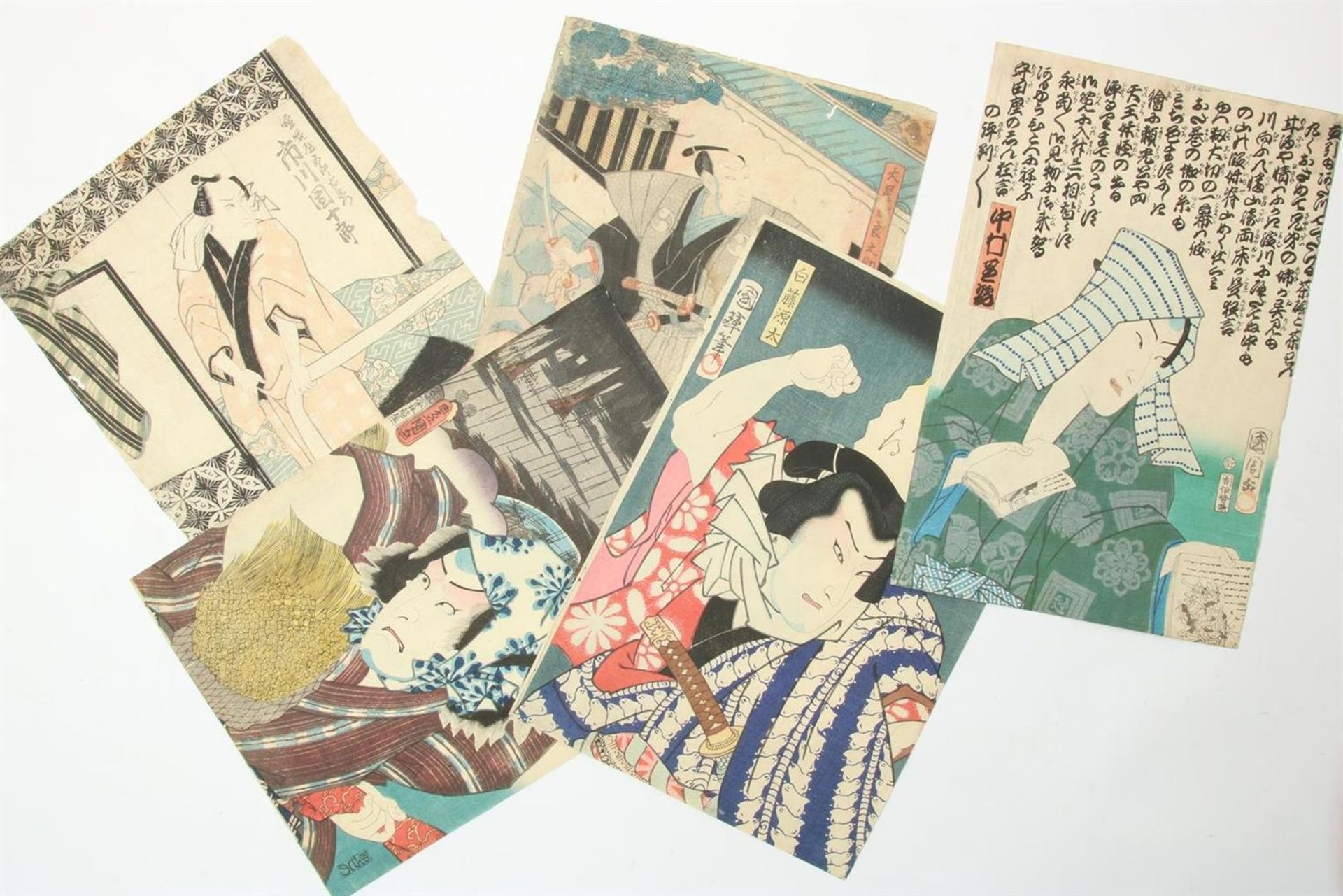 5 woodblock prints depicting Samurai, Japan