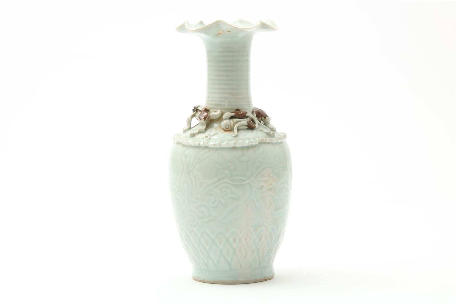 Porcelain vase with celadon glaze decorated with relief decor and imposed animals, China, h. 26