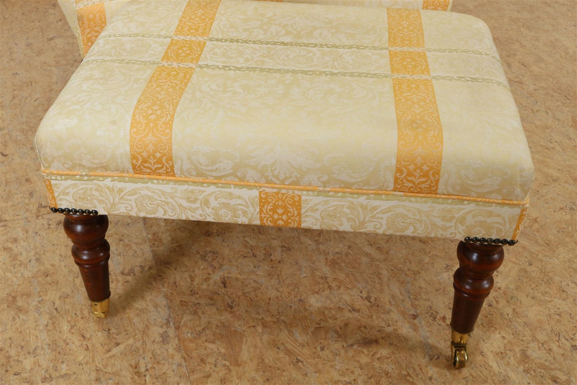 Armchair with yellow damask upholstery on ball claw feet with a matching footstool. - Image 3 of 5