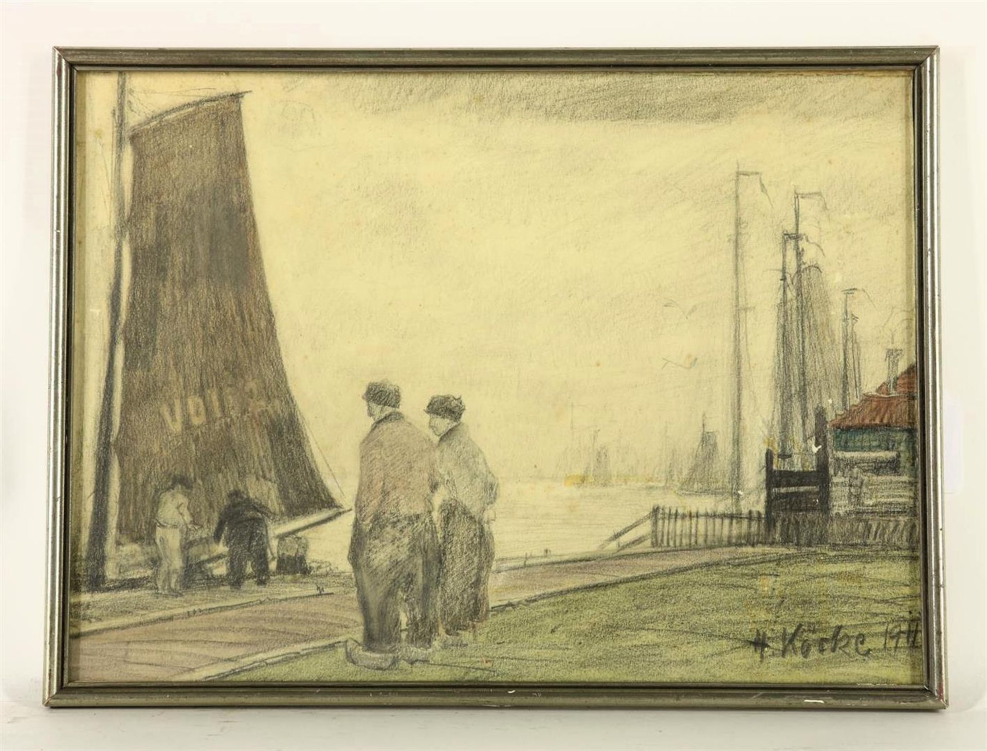 Hugo Köcke (1874-1956) Fishermen in Volendam harbour, signed and dated 1911 lower right, drawing/ - Image 2 of 4