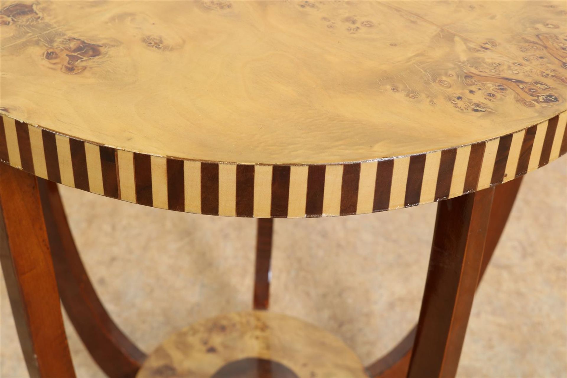 Walnut veneered Art Deco style side table on curved legs connected by plateau, height 61 cm, - Image 3 of 4