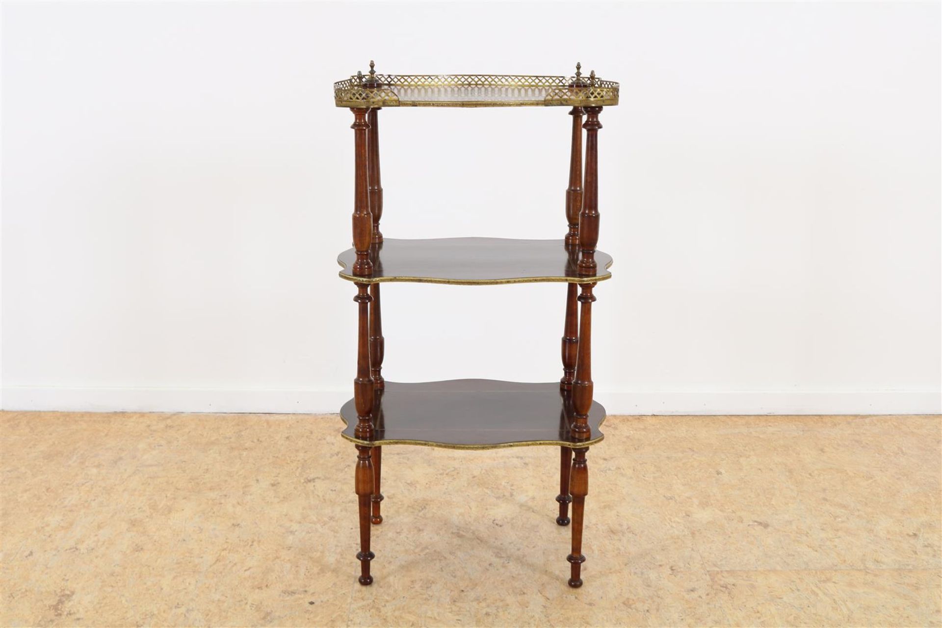 Walnut etagere Napoleon III table with 3 corrugated tops trimmed with brass knobs, gallery and
