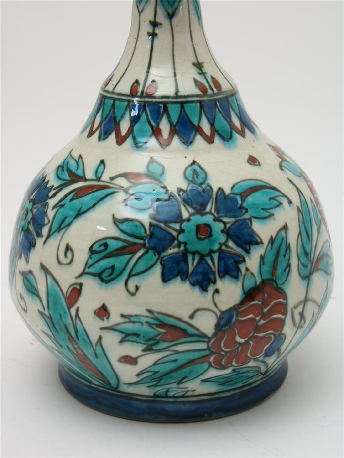 Polychrome earthenware 'New Delft' or 'Iznik' vase with narrow neck and Persian flower decor. - Image 3 of 8