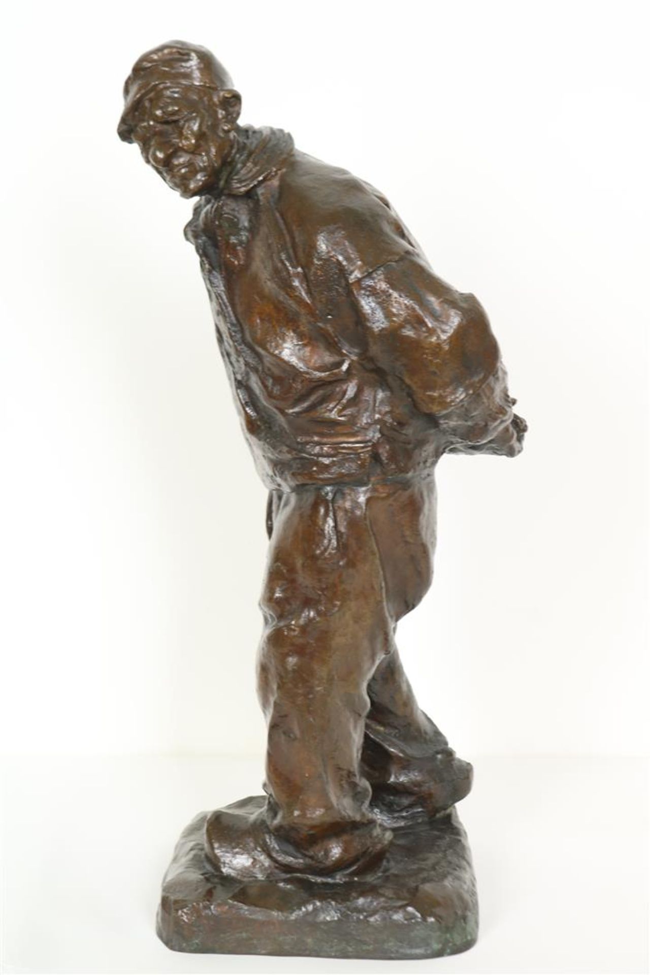 "Charles" Henri Marie van Wijk (1875-1917) Bronze figure of a walking farmer with hand on his - Image 3 of 5