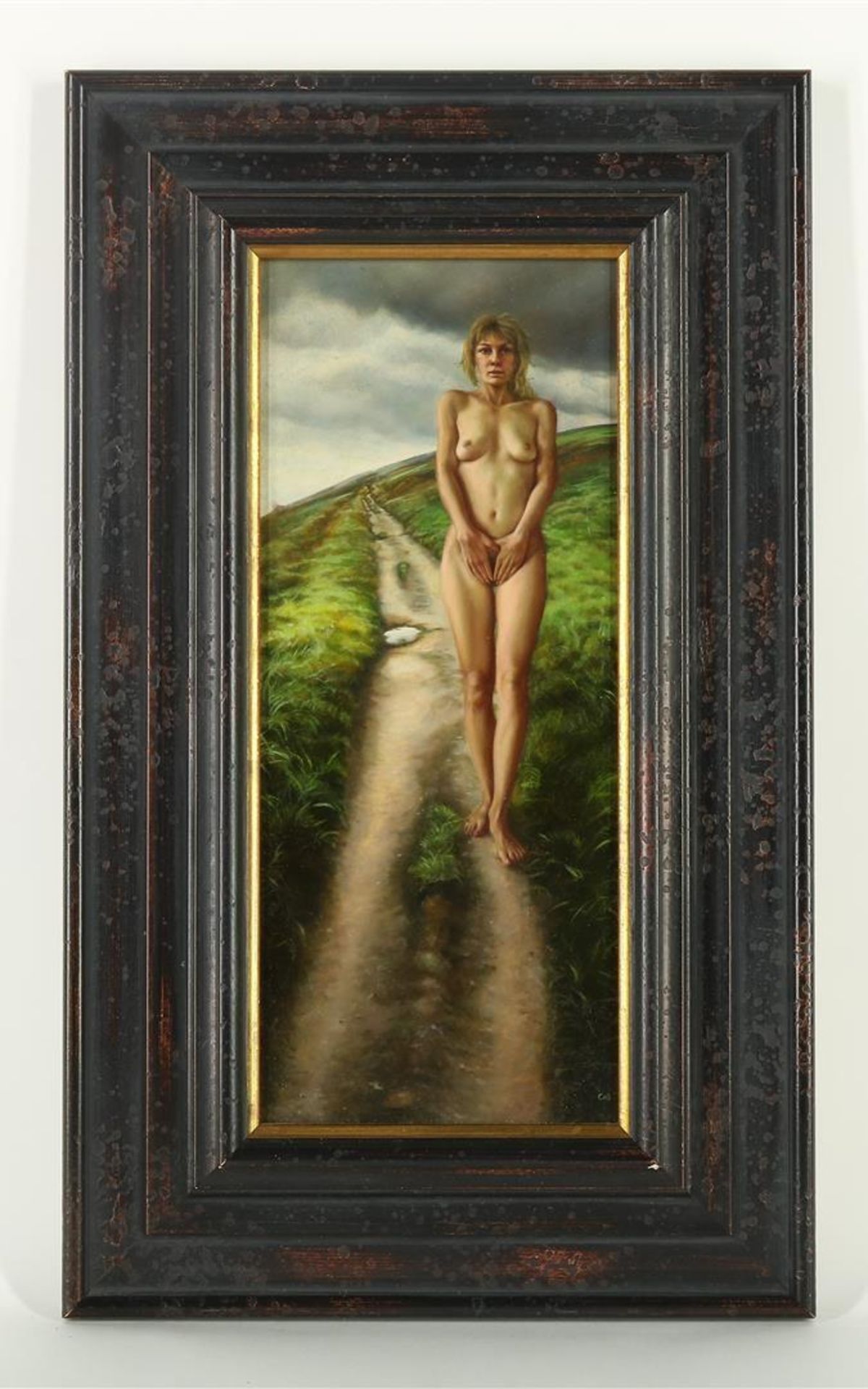 Cas Waterman (1958-) Nude, titled: "The winding path" signed l.r. Panel 42 x 20 cm. - Image 2 of 5