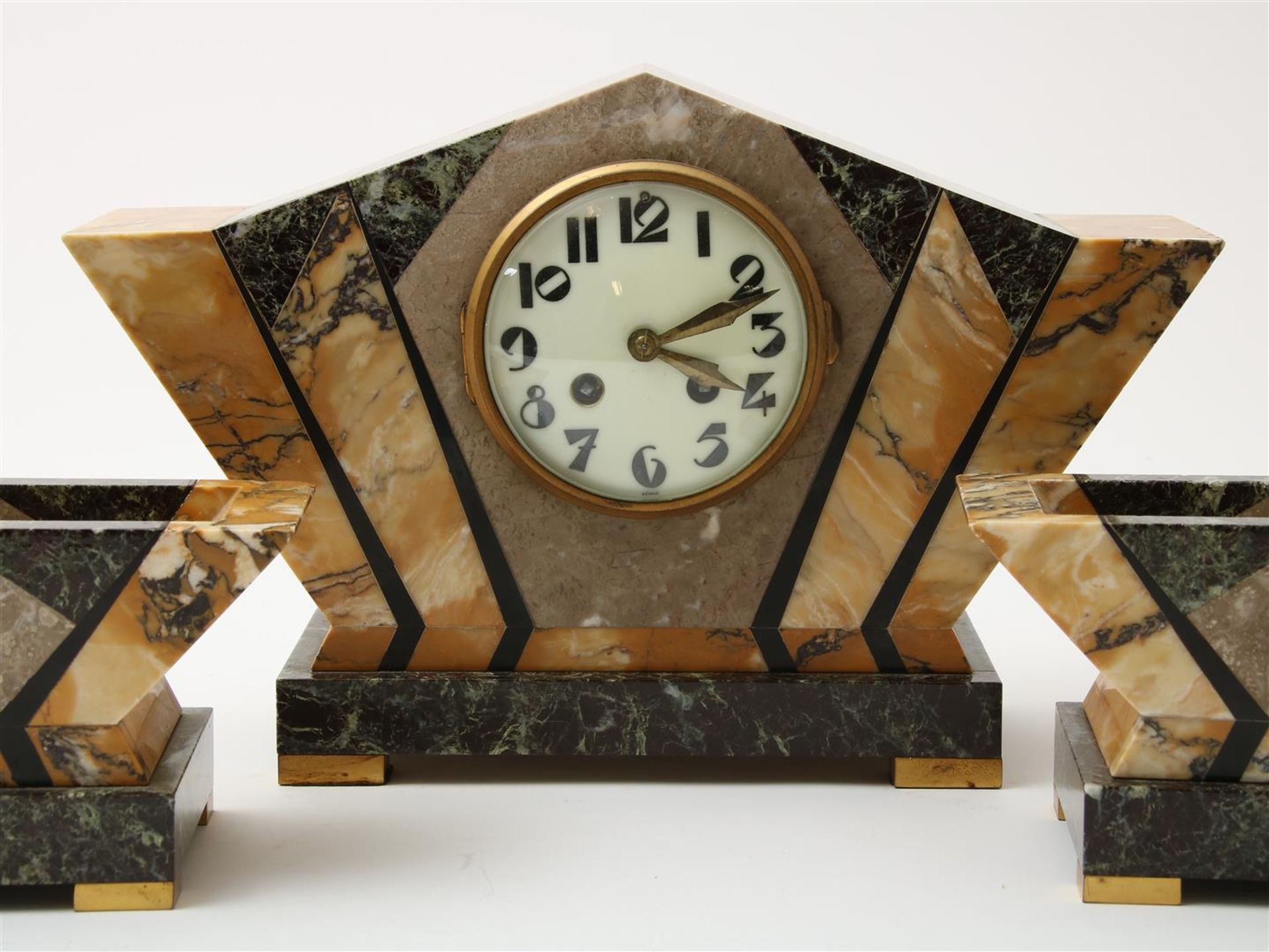 Marble clock set, Art Deco 3-piece mantel clock with 2 side pieces, made of 4 types of marble, - Image 3 of 4