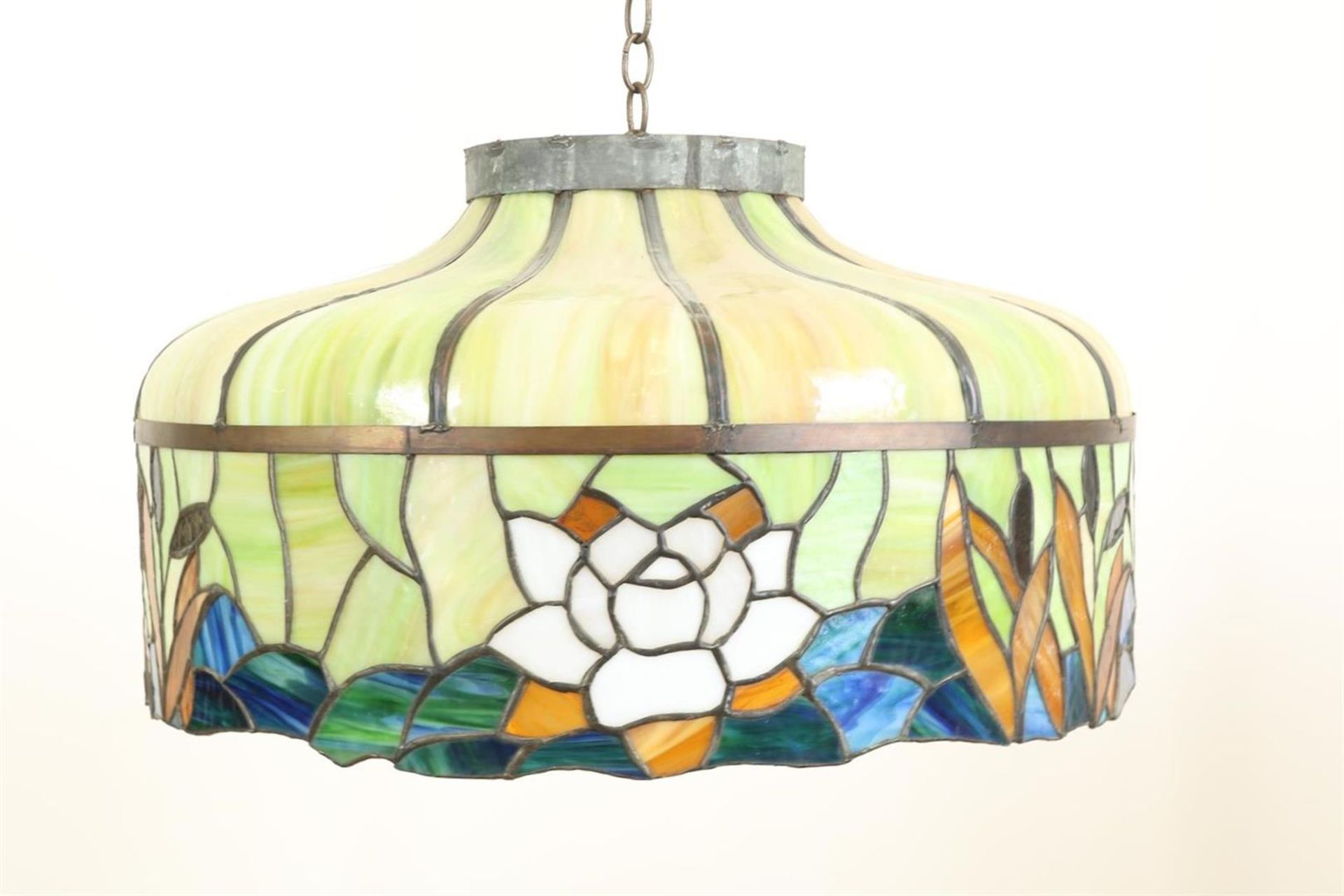 Glass Tiffany style hanging lamp with stained glass flowers, approx. 40 years old, h. 38 diam. 61