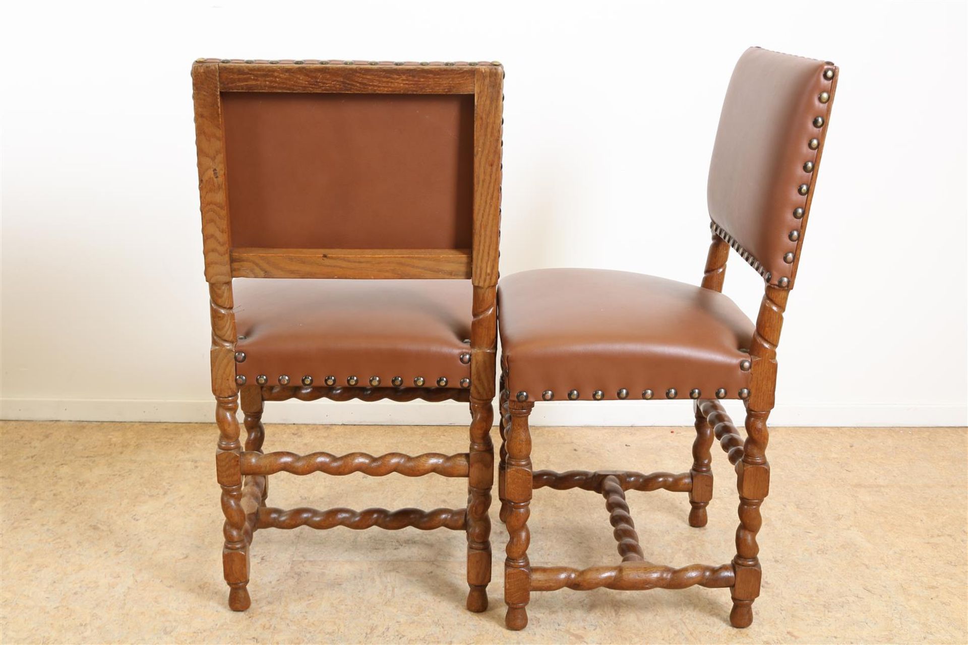 Series of 4 oak Renaissance-style chairs upholstered in brown leather. - Image 6 of 6