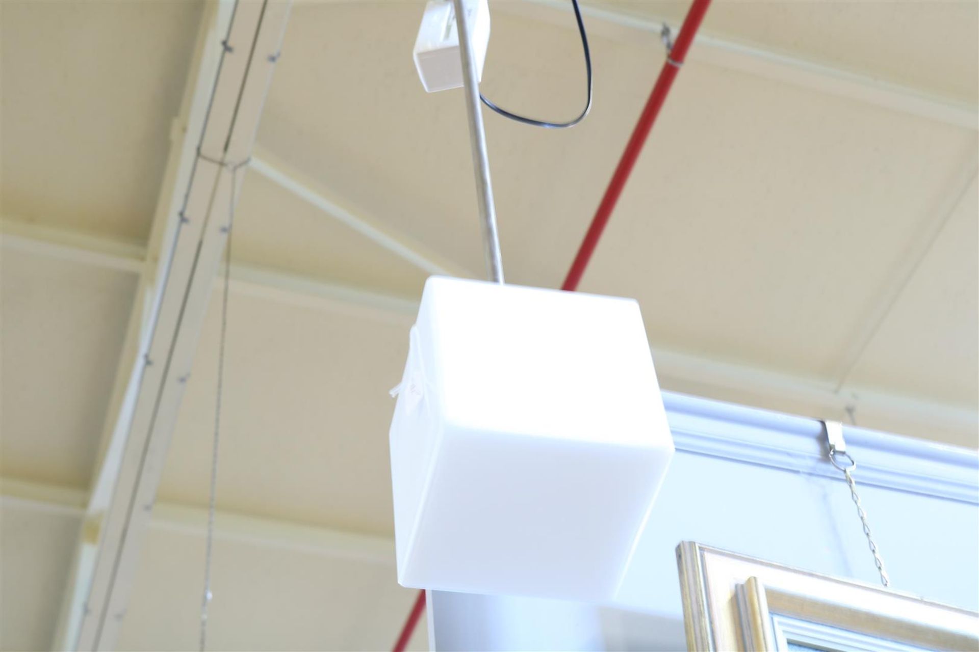 Chromed Gispen-style single-light hanging lamp with opaline cube shade, h. 80 cm. - Image 2 of 2