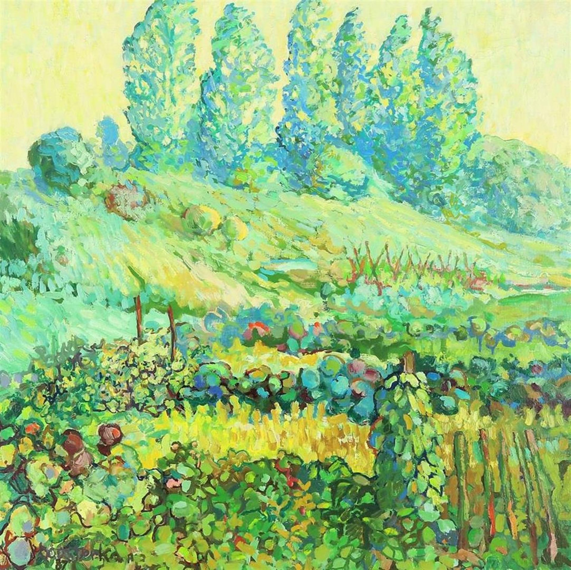 Colorful landscape with flowers, indistinctly signed and dated '87 l.l., canvas 78 x 78 cm.