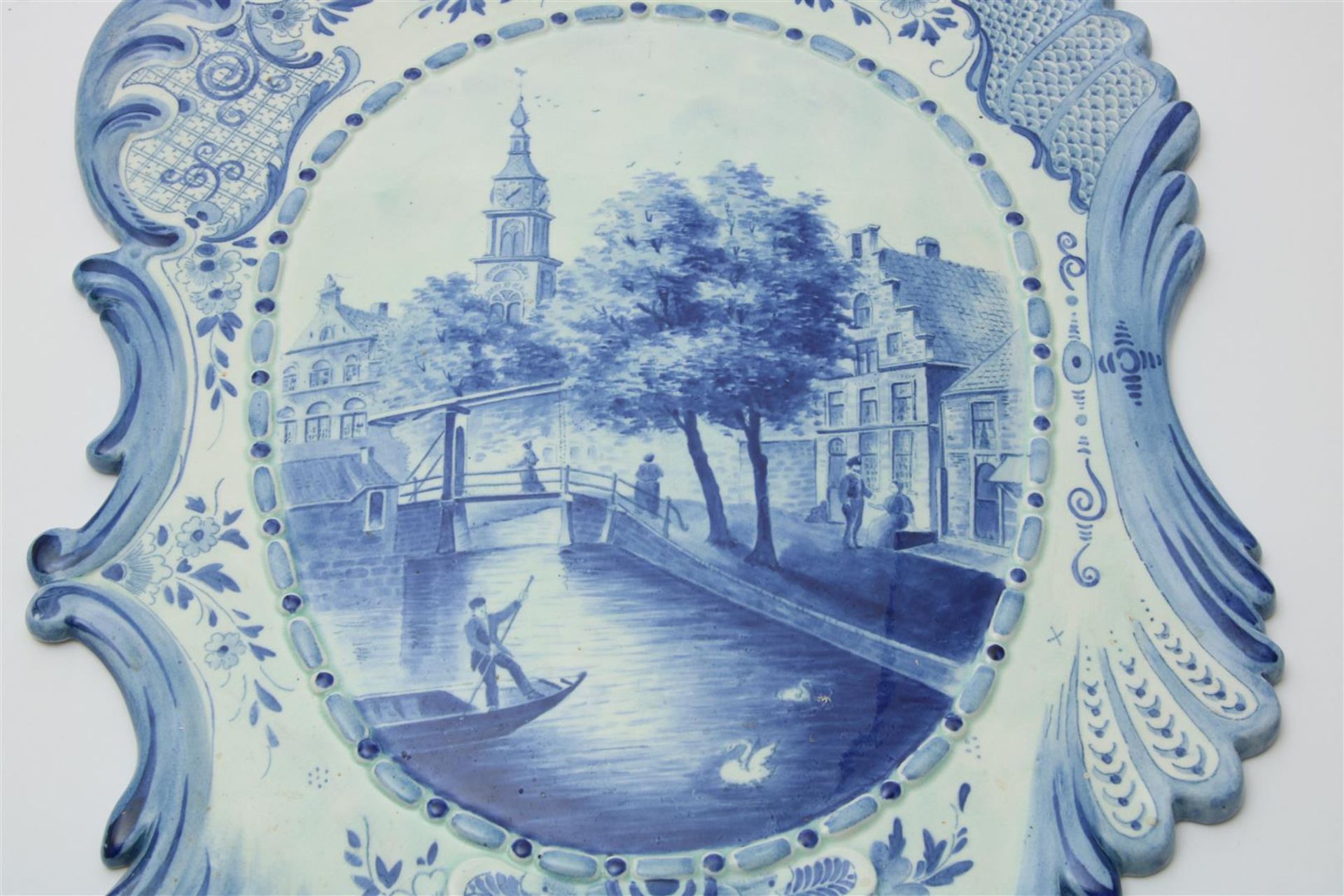 Set Delft blue pottery plaques with decor of Amsterdam canal view, marked on the back, h. 50, w. - Image 2 of 10