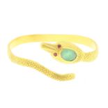 Yellow gold rigid bracelet, snake with emerald and rubies