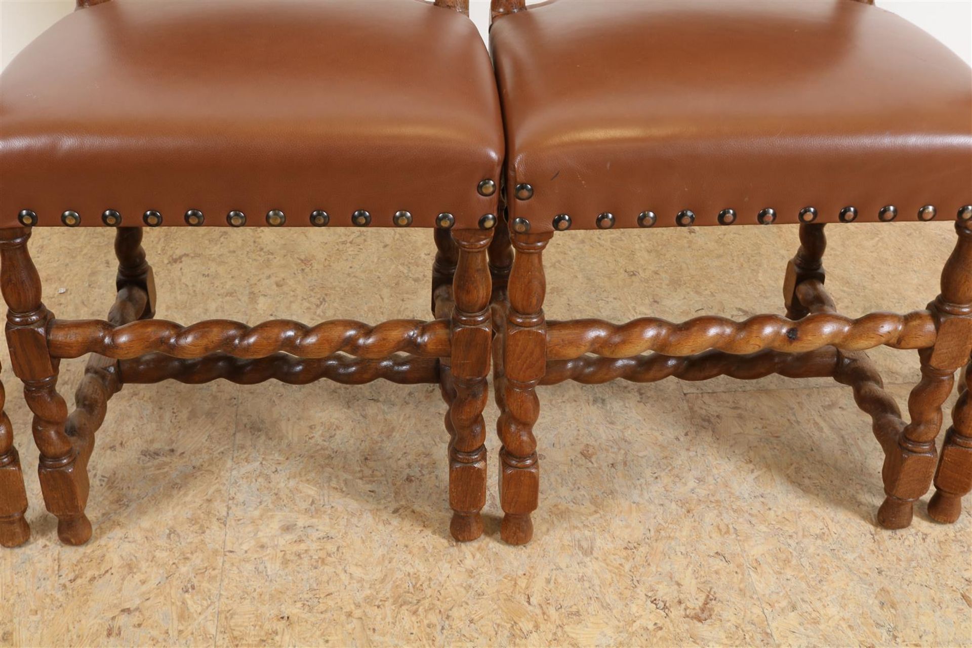 Series of 4 oak Renaissance-style chairs upholstered in brown leather. - Image 5 of 6