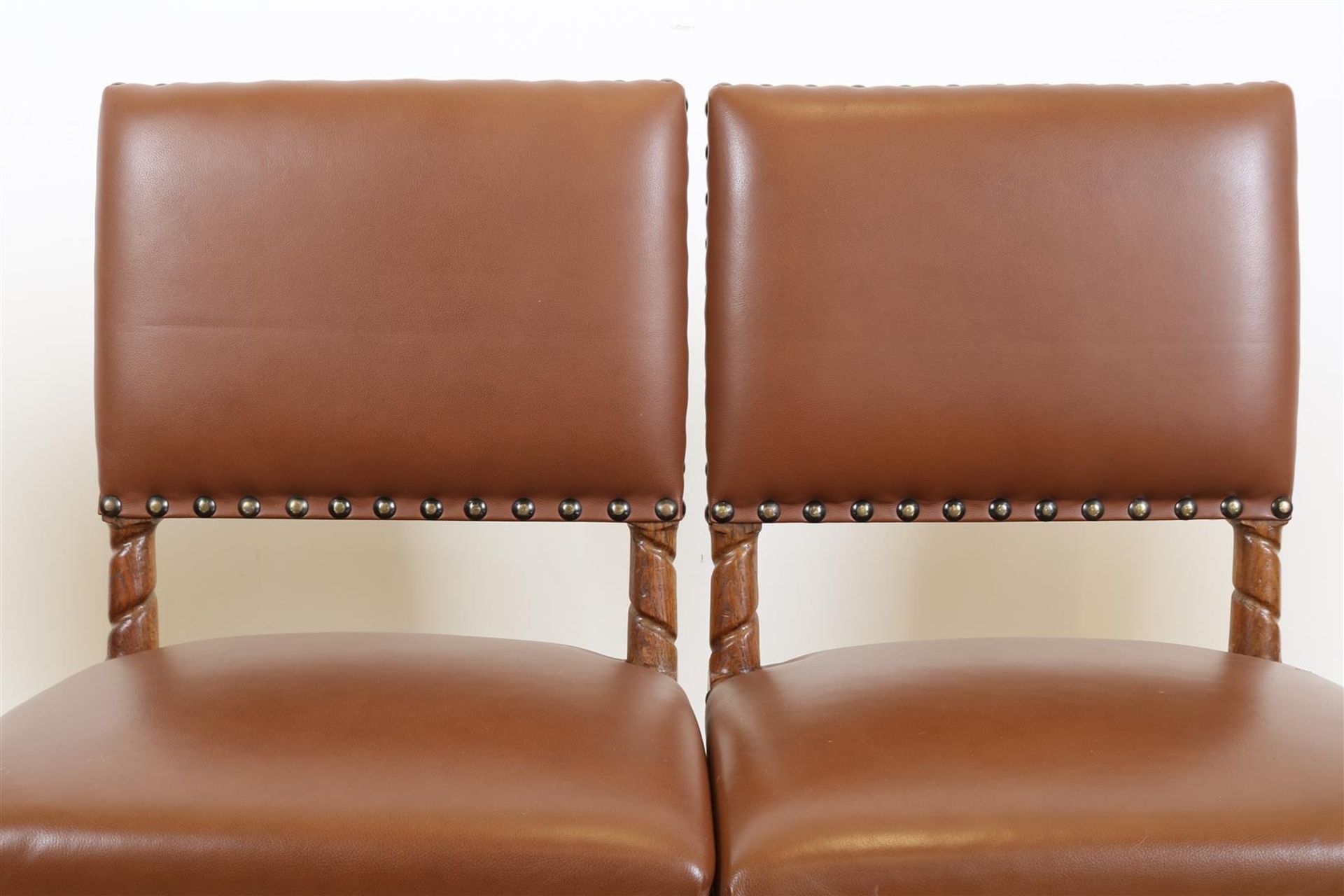 Series of 4 oak Renaissance-style chairs upholstered in brown leather. - Image 2 of 6
