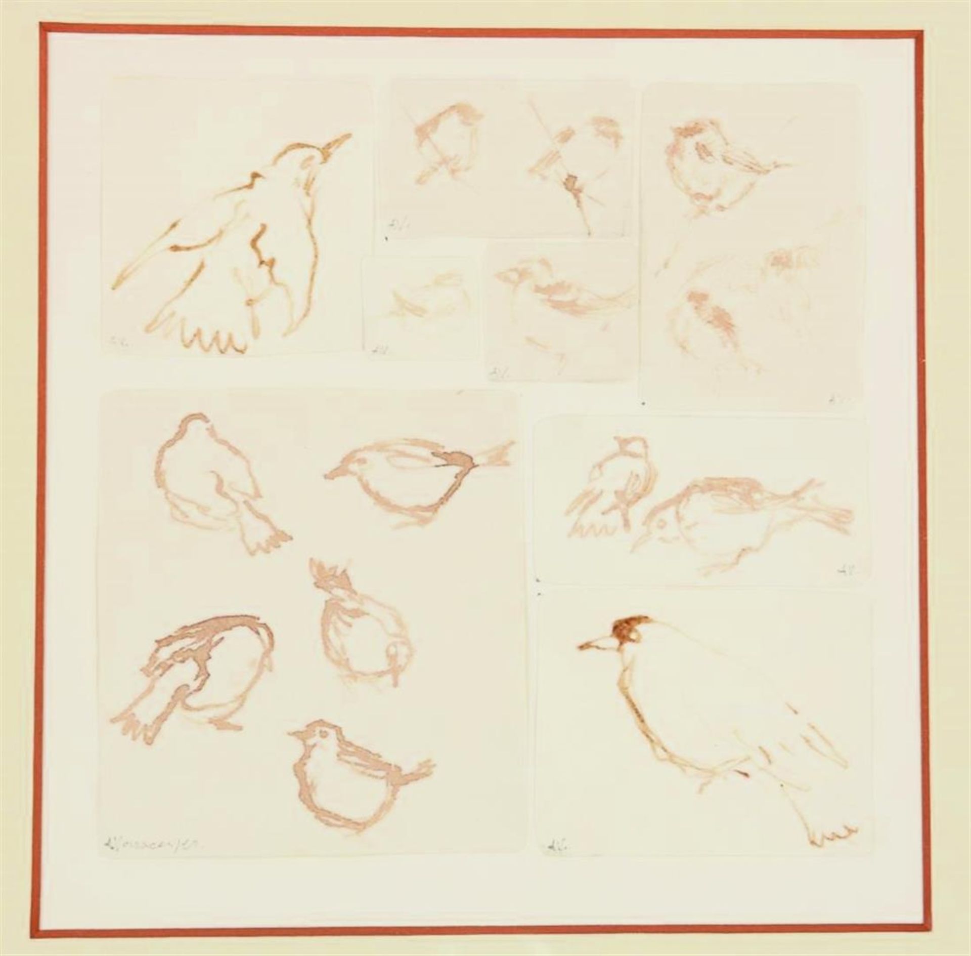 Sketches of birds, signed and monogrammed AV?, drawing 17 x 17 cm.