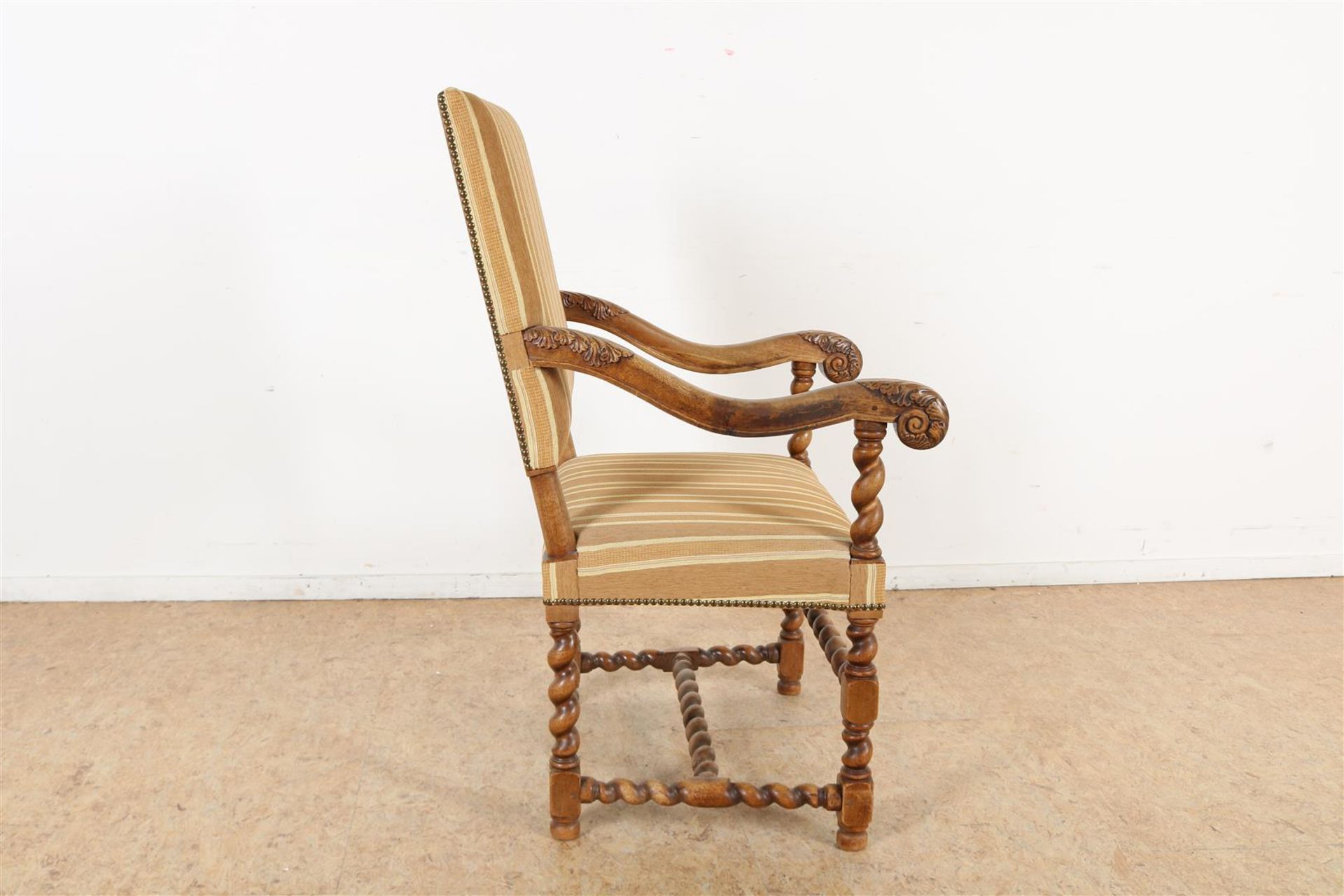 Walnut armchair with striped upholstery and carved acanthus leaves on the armrest. - Image 5 of 5