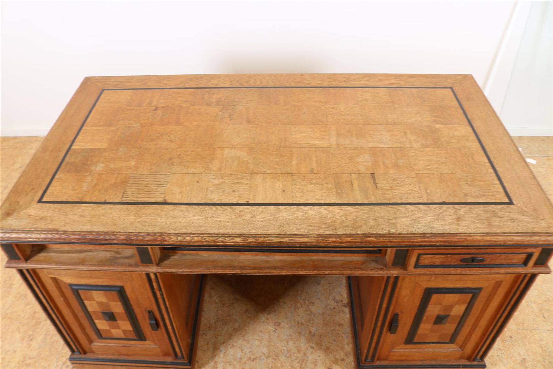 Oak Hague school desk with black inlaid piping in the top, cut glass top, 3 drawers and 2 panel - Image 4 of 9