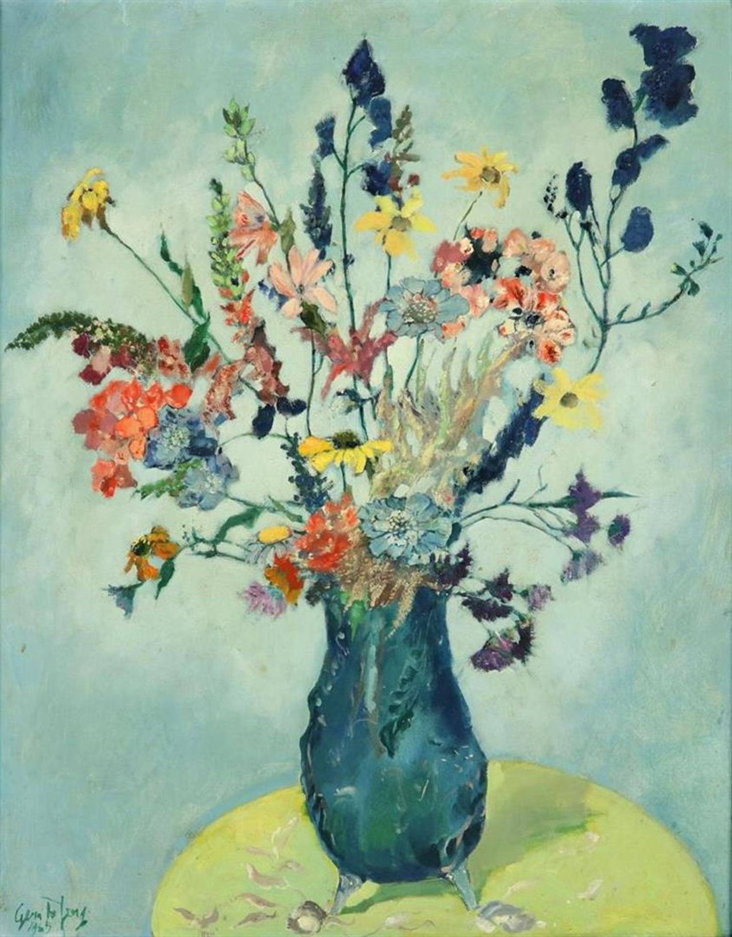 Germ de Jong (1886-1967) Flower still life, titled verso: "the decorated vase" signed and dated 1965