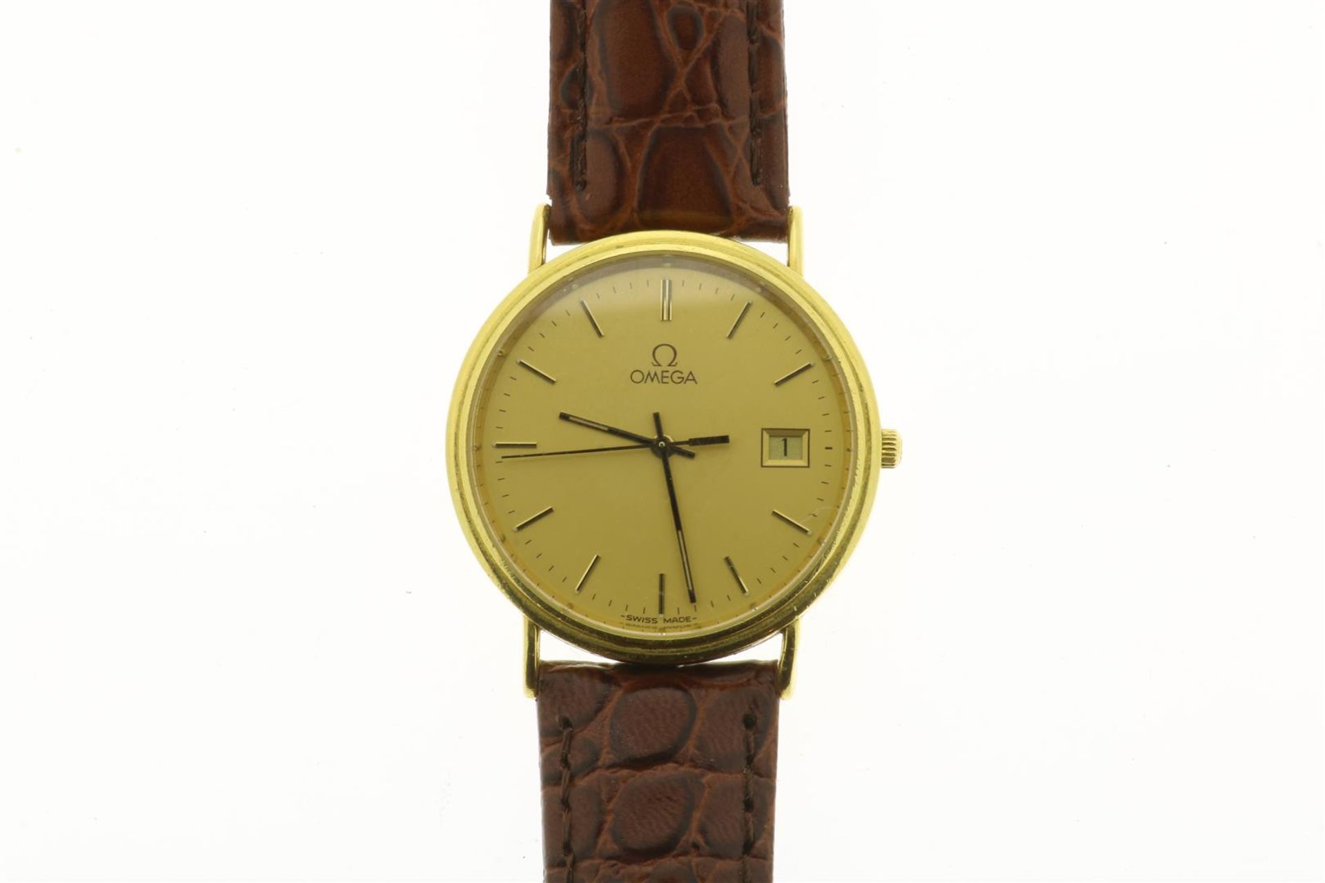 OMEGA, gold men's wristwatch, with date, on a brown crocodile print strap, grade 750/000. Number