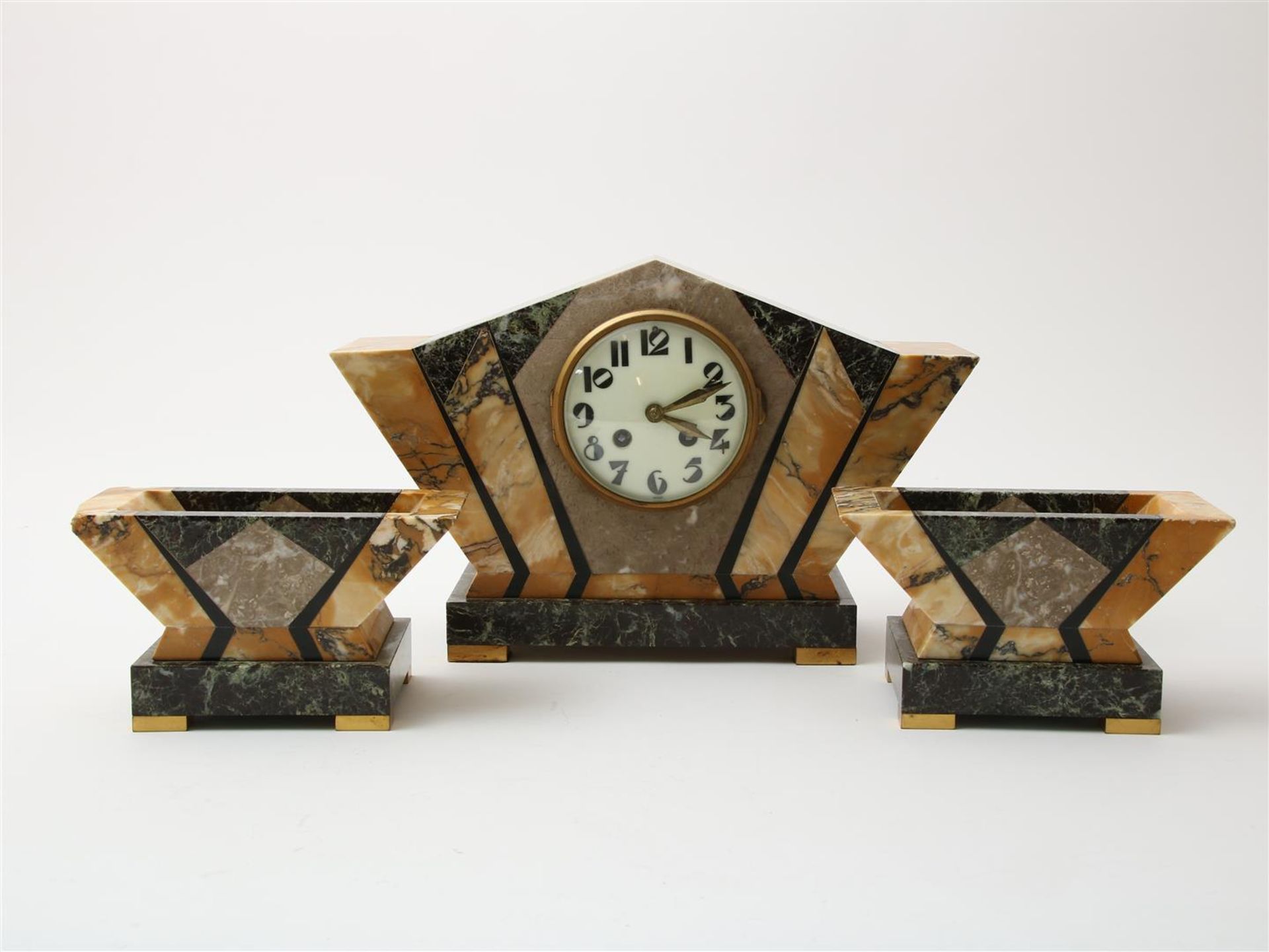 Marble clock set, Art Deco 3-piece mantel clock with 2 side pieces, made of 4 types of marble,